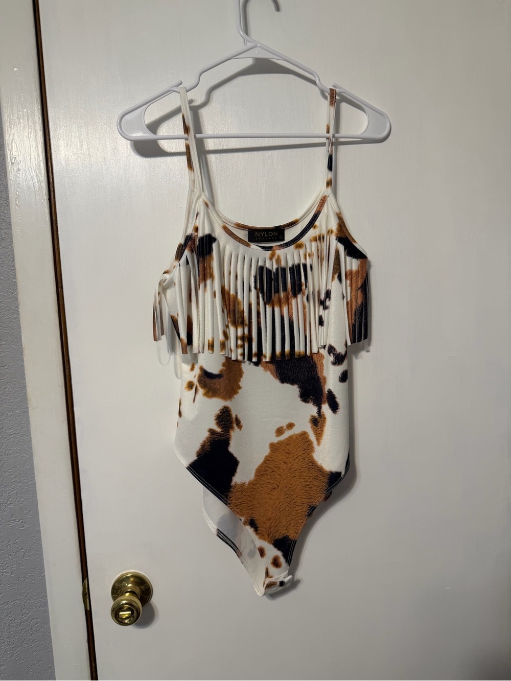 Fringed Cow-Print Bodysuit in White and Brown